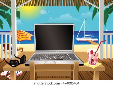 Computing in holiday beach hut.