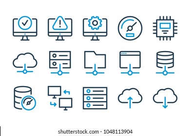 Iconos de línea relacionados con la computación y el alojamiento. Conjunto de iconos de red de servidor y base de datos. Ilustración vectorial.