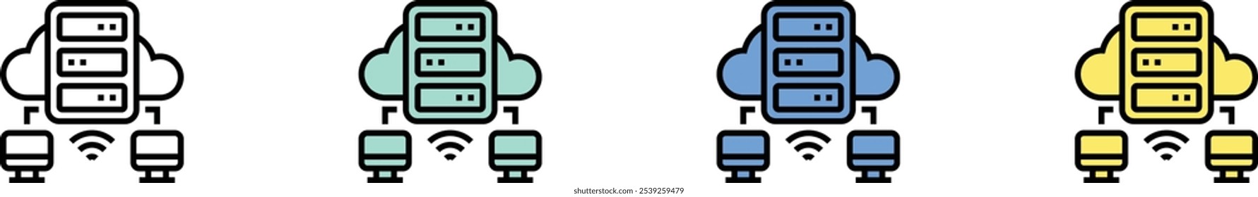 Icono de computación. Esquema, diseño de estilo verde, azul y amarillo aislado sobre fondo blanco