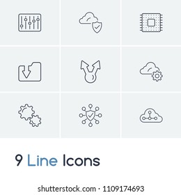 Computing icon set and content sharing with cloud computing, download folder and system preferences. Wheel related computing icon vector for web UI logo design.