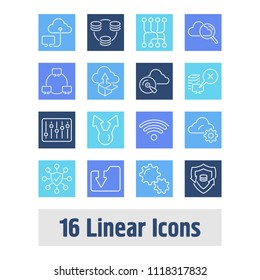 Computing icon set and routing with content sharing, download folder and distributed database. Wheel related computing icon vector for web UI logo design.