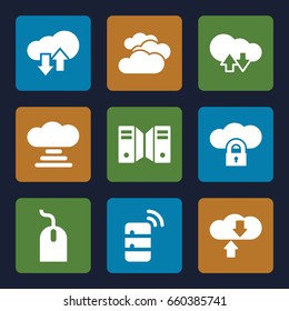 Computing icons set. set of 9 computing filled icons such as cloudy weather, mouse, server, download upload cloud