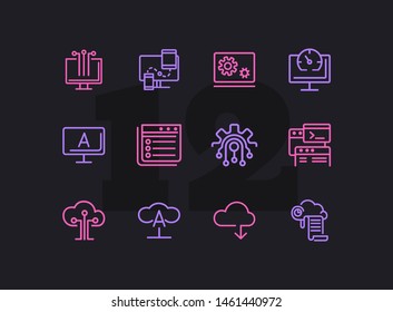 Computing line icon set. Cloud print, monitor, coding. Information technology concept. Can be used for topics like programming, data storage, computer engineering