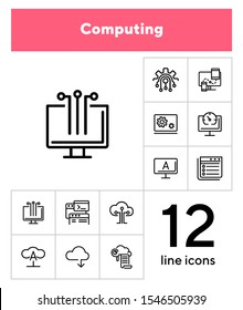 Computing line icon set. Cloud print, monitor, coding. Information technology concept. Can be used for topics like programming, data storage, computer engineering