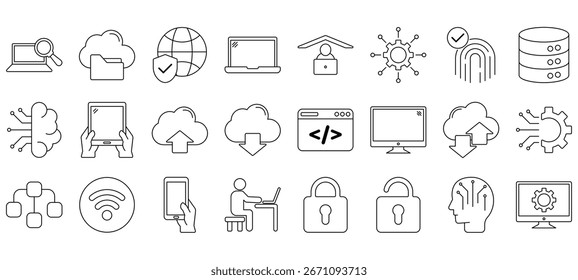 Computing line icon set – Includes computer, technology, digital, cloud, network and ai. Editable stroke. Vector illustration.