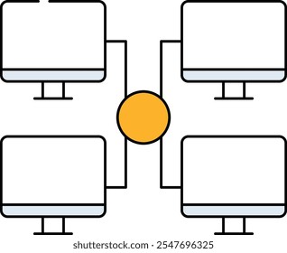 Ícone de Nós de Computação . Vários Ícones do Computador Conectados por Linhas. Ilustração de cor preta e amarela.Vetor.