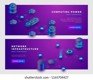 Computing power and database concept. Landing page banner template. 3d isometric vector illustration.