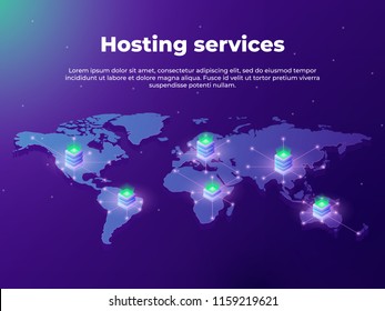 Computing services concept. Servers on the world map. Concept of big data processing, server room racks. Fast data transfer. vector illustration concepts of website and mobile app development. 