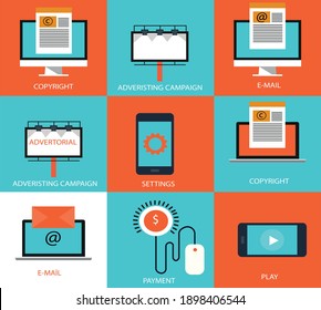 Computing Technology Network With Computer Monitor, Laptop, And Mobile Phone, Online Devices Upload, Download Information, Data In Database On Cloud Services, Flat Vector Illustration