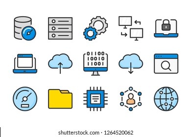 Computing and Web Development color line icons. Coding and web services vector linear colorful icon set. Isolated icon collection on white background.