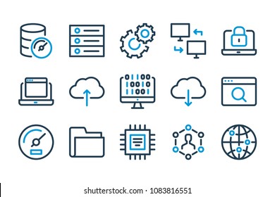 Computing And Web Development Related Line Icon Set. Server, Database  And Cloud Technology Stroke Icons.