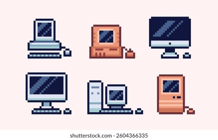 Computors pixel art set. Classic vintage pc collection. 8 bit. Game development, mobile app. Isolated vector illustration.