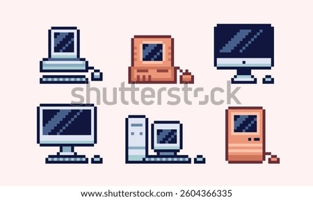 Computors pixel art set. Classic vintage pc collection. 8 bit. Game development, mobile app. Isolated vector illustration.