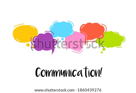 Comunication. Bright Color dialog speech bubbles On white background. Safety communication technology concept. mobile technology. Hand drawn doodle. Vector illustration. 