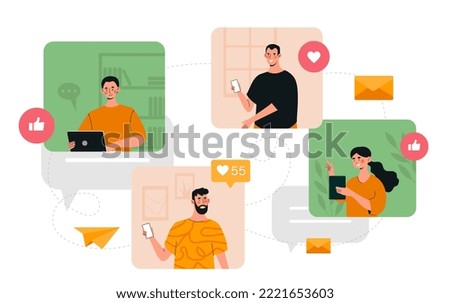 Comunication in chat. Video conference or call, men and women communicate in social networks. Remote workers or freelancers, friends. Students chatting in messenger. Cartoon flat vector illustration