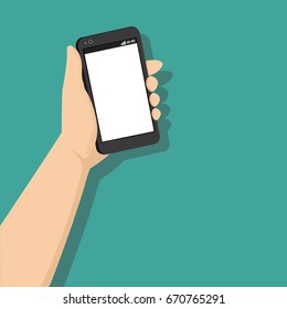 Comunication and it social concept - hand mobile white screen vector illustration isolated on green background and copyspace