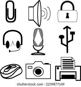 COMUNICATIONS icon vector illustration paper clip, speaker, parent lock, headset, microphone, USB, Mouse, printer for website Perfect use for web, pattern, design, icon, ui, ux, etc.