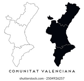 Comunitat Valenciana Karte der Regionen Bezirke Vektor schwarz auf weiß und Umriss