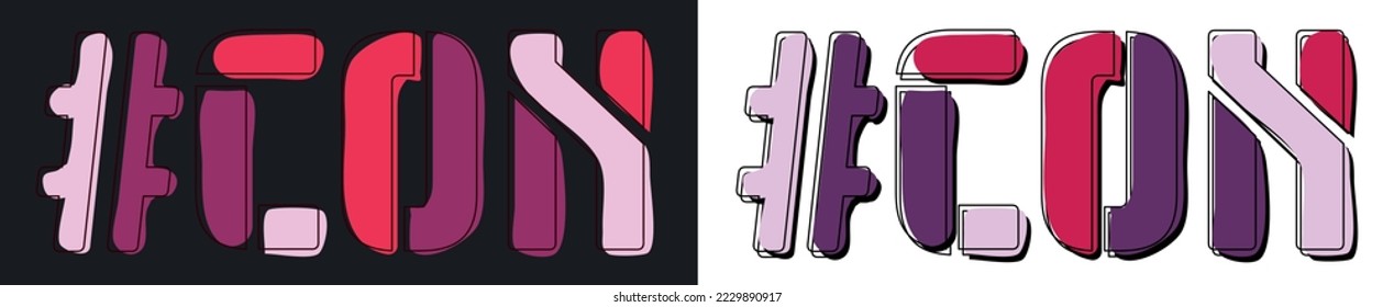 CON Hashtag. Isolate curves doodle letters. Set 2 in 1. Pink, Purple colors. Hashtag #CON for social network, web resources, mobile apps, games.