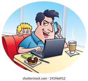Con Man On A Laptop Computer with Kid Peeking at Him