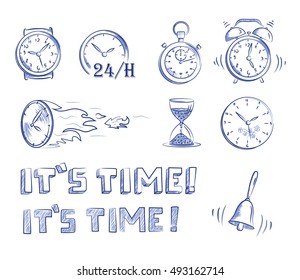 con set time and clocks. Hand drawn cartoon doodle vector illustration. 