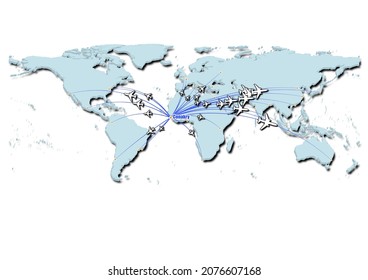 Conakry-Guinea in concept vector illustration, map showing flights from Conakry-Guinea to major cities around the world.