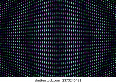 Concave LED screen with round purple, blue and green diodes. Black digital videowall background. Curved electronic TV panel. Vector illustration.