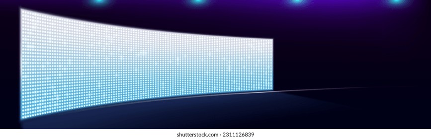 Concave side led screen wall stage light panel background. Video tv lcd monitor display for stadium or concert with grid glittering bulb glow texture effect. Projection technology cinema illustration