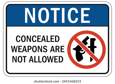 Señal de advertencia y etiquetas prohibidas de armas ocultas