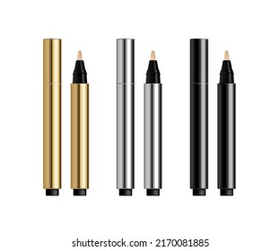 Groß- und Kleinschreibung. Set aus Gold, Silber, schwarzem Kunststoffstift mit Bürstenbehältern für kosmetische Gesichtsartikel. Vektorgrafik hoch. Make-up Beauty Tool. Flüssige Gesichtsgrundlagen, heller.