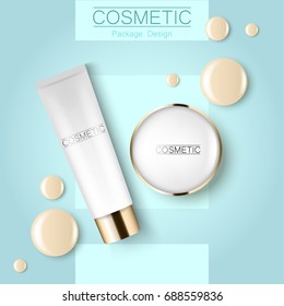 Concealer and compact foundation and a drop of the design template advertising cosmetics 3d. Top view on a blue background realistic illustration of a packaging design cream. Vector illustration