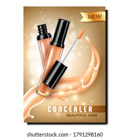 Concealer Facial Hautpflege Liquid Banner Vektor. Der Behälter aus Glas und die Bürste für die Gesichtsbearbeitung und die Kosmetik tauchen auf dem Werbeplakat auf. Vorlagendarstellung für Farbkonzepte