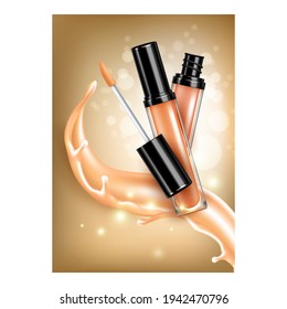 Concealer Facial Skin Care Liquid Banner Vector. Concealer Blank Glass Container And Brush For Face Makeup And Cosmetics Splash On Advertising Marketing Poster. Color Concept Template Illustration