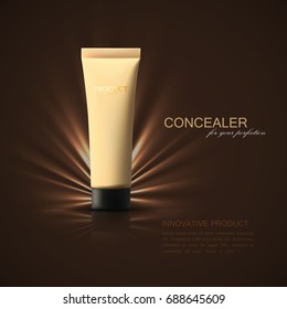 Concealer or foundation beige tube ad poster. Cosmetic product template. Makeup beauty illustration. 3d realistic vector. Packaging mockup design. Facial tone cream package.
