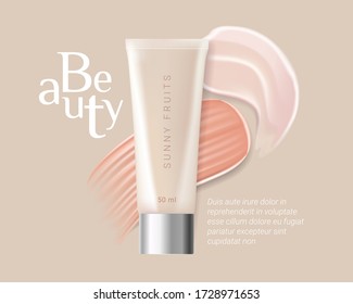 Concealer, foundation cosmetic ads template. Cosmetic cream tube with beige smear swatch. Premium ads. Beige bottle isolated on background. Realistic 3d style. Vector illustration.