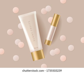 Concealer, plantilla de anuncios cosméticos fundacionales. Tubo de crema de bb o cc cosméticos con círculos de papel coloridos. Plantilla de envasado para productos cosméticos. Anuncios premium. Botella beige aislada al fondo. 