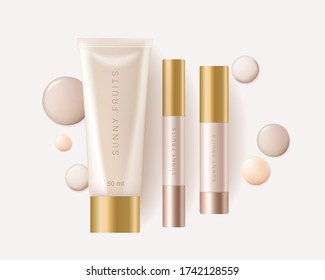 Concealer, foundation cosmetic ads template. Cosmetic bb or cc cream tube with colorful beige smear swatch. Template of packaging for cosmetic product. Premium ads. Beige bottle isolated on background