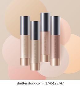 Concealer, foundation cosmetic ads template. Cosmetic bb or cc cream tube with colorful circles of paper background. Beige bottle isolated on background. Realistic 3d style. Vector