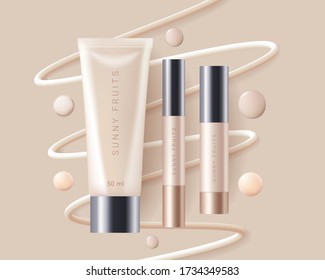 Concealer, foundation cosmetics ads template. Cosmetic bb or cc cream tubes with colorful beige smear swatchs. Template of packaging for cosmetics product. Premium ads. Beige bottles isolated on backg