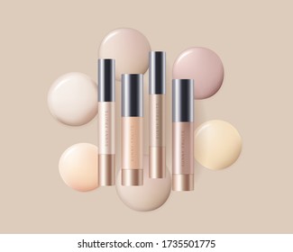 Concealer, Stiftung Kosmetik Anzeigen Vorlage. Kosmetische Bb- oder Cc-Creme-Röhrchen mit bunten beigen Abstrichen-Watchen. Verpackungsvorlage für Kosmetikprodukte. Premium-Werbung. Beige Flaschen auf dem Rücken isoliert