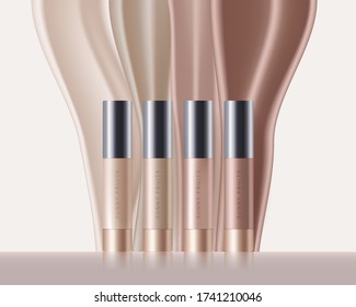 Concealer, foundation cosmetics ads template. Cosmetic bb or cc cream tubes with colorful beige drips.  Premium ads. Beige bottles isolated on background. Realistic 3d style. Vector illustration