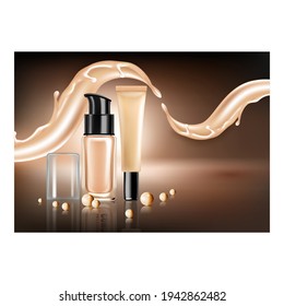 Concealer Makeup Cream Promotional Banner Vector. Concealer Blank Tube And Bottle With Glass Cap On Advertising Marketing Poster. Cosmetic Splash Color Concept Template Illustration