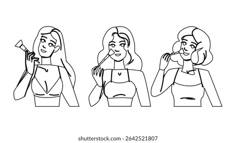 concealer makeup woman brush vector. lipstick eyeliner, eyeshadow primer, bronzer powder concealer makeup woman brush character. people black line pencil drawing illustration
