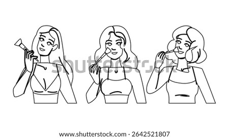 concealer makeup woman brush vector. lipstick eyeliner, eyeshadow primer, bronzer powder concealer makeup woman brush character. people black line pencil drawing illustration