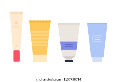 Concealer, mask, scrub and moisturizing face cream in soft plastic containers vector flat material design isolated on white