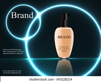 Concealer on a dark background with neon light rays, tube of light flesh-colored with a black cap, 3d vector, realistic illustration, advertising, design, cosmetics, banner, catalog