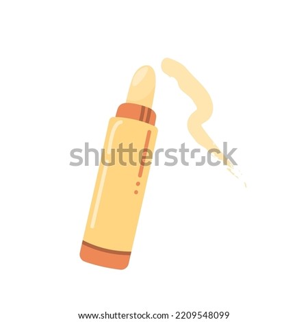 Concealer open stick with swatch. Hand drawn makeup product in cartoon style. Vector illustration isolated on white background.