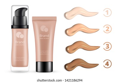 Concealer range of colors smears. Make up cream isolated on white background. Concealer smears set. Cream smear skin face, make up cosmetic smudge illustration