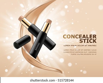 Concealer Stick Ads, 3d Illustration Foundation Product With Liquid Foundation Texture Floating In The Air