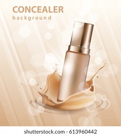 Concealer stick ads, 3d illustration foundation product with liquid foundation texture splashes in the air. Vector illustration